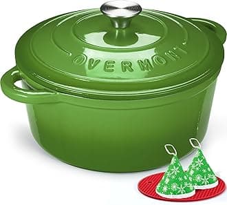 28cm/6.6L Enamelled Cast Iron Round Casserole Pot With Lid Cookbook & Cotton Potholders - Non-stick Dutch Oven Cookware for Braising, Stews, Roasting, Bread Baking - Forest green, 7QT