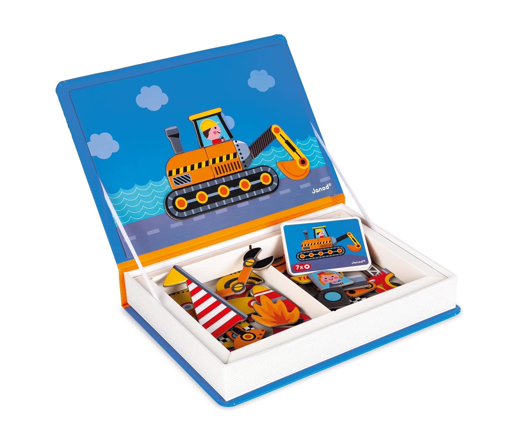 Janod MagnetiBook 69 pc Magnetic Racers Vehicle Game - Ages 3+ - Building Creative Structures - Enhances Creativity Skills - Includes 50 Magnets and 18 Cards