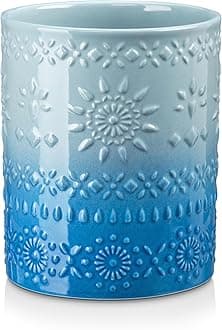 LOVECASA Extra Large Kitchen Utensil Holder, 7.2" Ceramic Farmhouse Utensil Holder For Kitchen Décor Countertop With Heavy And Sturdy Base, Utensil Crock Organizer, Blue