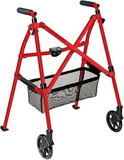 Stander EZ Fold-N-Go Walker, Lightweight Folding Mobility Rolling Walker for Seniors and Adults, 6-inch Wheels, Ski Glides, and Organizer Pouch (Sports Red)