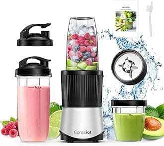 CB08 11-Piece Blender for Kitchen and Personal Size, Blend Shakes and Smoothies, Frozen Drinks, Baby Food, Spreads & More, 3 Portable To-Go Cups & 2 Spout Lids & 1 Solid Lid, 900 Peak Watts
