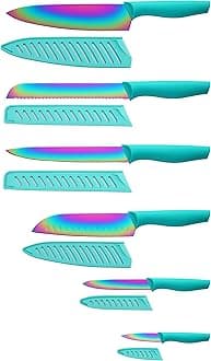 DISHWASHER SAFE Kitchen Knife Set, Marco AlmondÃ‚® KYA37 12-Piece Rainbow Titanium Stainless Steel Boxed Knives Set for Kitchen with Sheath, 6 Knives with 6 Blade Guards, Teal