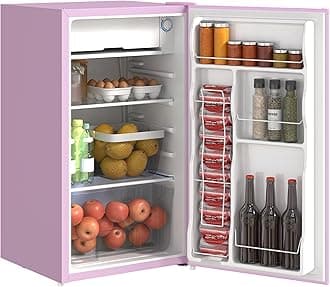 3.2 Cu.Ft Mini Fridge with Freezer, Single Door Compact Refrigerator with Adjustable Thermostat, Shelf and Reversible Door for Bedroom, Dorm, Home Office, Energy Efficient, Pink