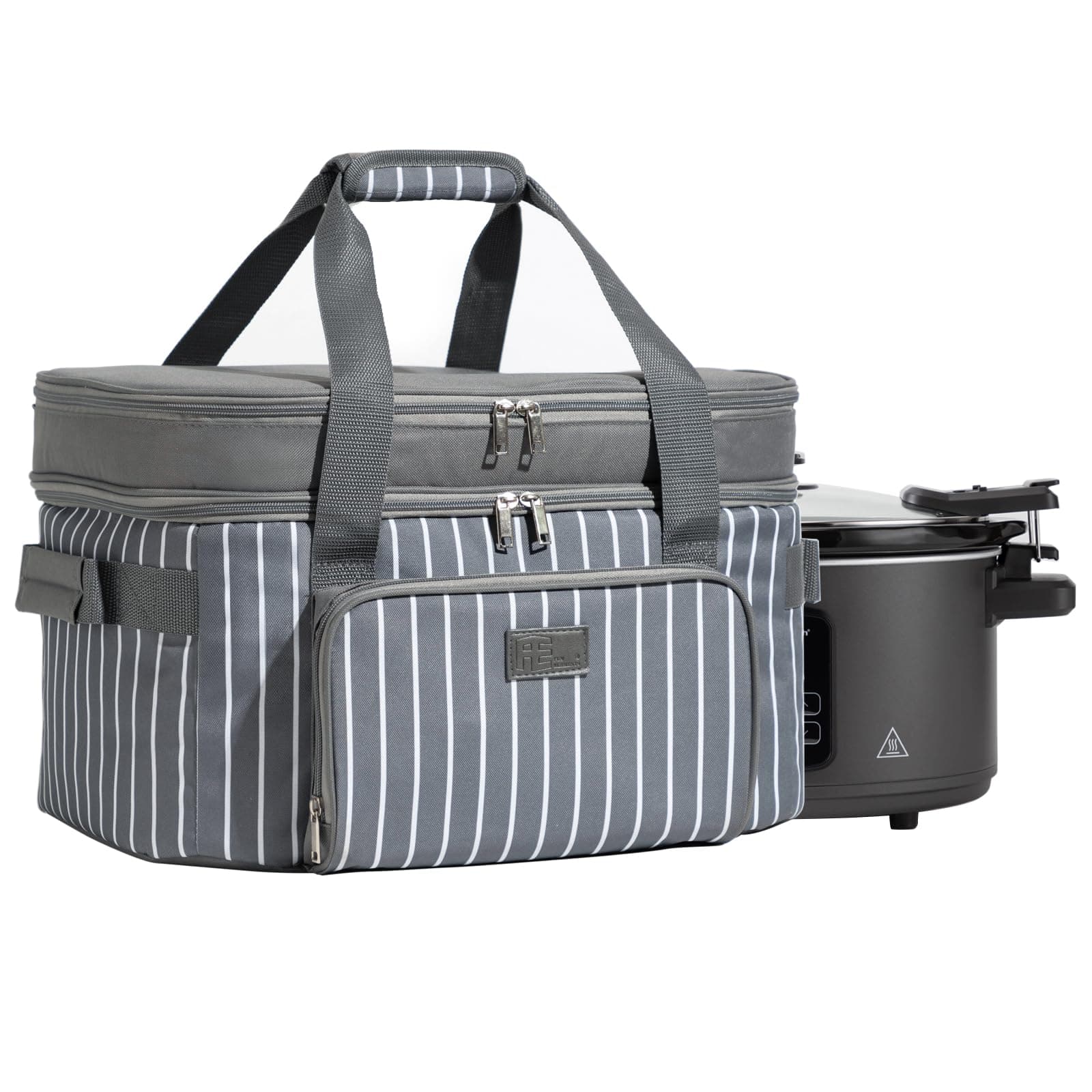FE FUN ELEMENTS Double Layer Slow Cooker Bag for Most 6-8 Quart Oval CrockPot, Insulated Crock Pot Travel Bag with Support Pad and Adjustable Straps, Top Zip Compartment and Front Pocket for Utensils