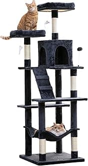 - 70.1-Inch Large Cat Tree, Multi-Level Tall Cat Tower for Indoor Cats, Plush Cat Condo with Big Padded Perches, Sisal-Covered Scratching Posts, Hammock, Toys for Kittens & Cats - Smoky Grey