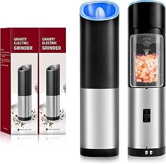 Simple DeluxeUpgraded Gravity Electric Salt and Pepper Grinder Set, Adjustable Coarseness, with Blue LED Light, One Hand Automatic Operation, Black