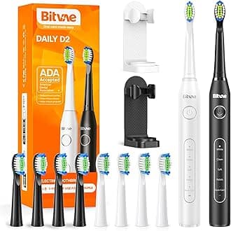 BitvaeElectric Toothbrushes 2 Pack Sonic Toothbrush with Holders, Dual Ultrasonic Electronic Toothbrush 8 Brush Heads 5 Modes, Rechargeable Power Toothbrush for 30 Days Using, Black & White