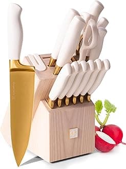 White and Gold Knife Set with Block Self-Sharpening – 14-Piece Titanium Coated Gold and White Kitchen Knives with Ashwood Block and Built-In Sharpener
