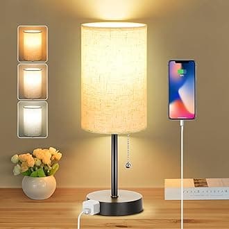Dott Arts Table Lamp for Bedroom, 3-Color Bedside Lamps with Pull Chain, Bedroom Table Lamps with USB Port & AC Outlet, Nightstand Lamps for Living Room, Bulb Included, Fabric Linen Lamp Shade