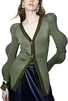 URBAN REVIVO Women Knitted Cardigans Long Sleeve V-Neck Lightweight Sweater One Leaf Button Down Outwear