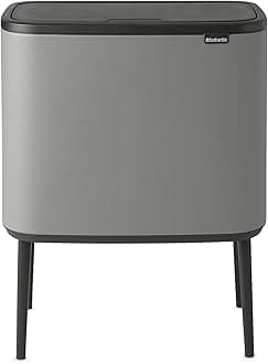 Brabantia Bo Touch Top Kitchen Trash Can with Three Compartments & Raised Legs | Mineral Gray | 3 x 3 Gal Inner Buckets | Soft-Close Garbage Can, Stay-Open Lid | Fits Against Wall | + Trash Bags