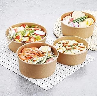 HOT BARGAINS 100 X 26oz (750ml) Disposable Salad Bowls with Lids Freezer and Microwave Safe for Takeaway Kraft Food Container for Business, Restaurant (100)