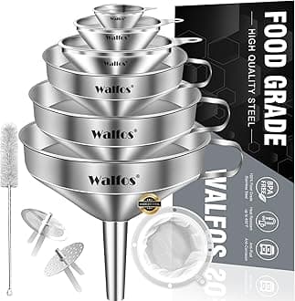 Stainless Steel Funnel, Walfos 6 Different Sizes of Kitchen funnels with 2 Removable Strainer ＆ 1Pcs Cleaning Brush, 200 Mesh Food Filter Strainer,for Transferring of Liquid, Oils, Jam, Powder