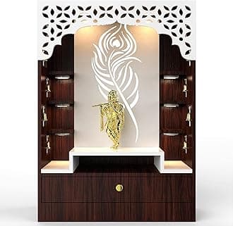 Devyom Wooden Large Pooja Mandir For Home And Office With LED Lights/Designer Brown Temple With White Jali Carving/Mandir With Cabinets For Storage
