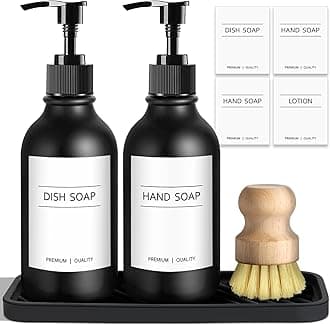 GMISUN Kitchen Soap Dispenser set, 16 Fl oz / 500ml Black Hand and Dish Soap Dispenser Set with Silicone Tray & Bamboo Brush, Refillable Dish Liquid Dispensers Bottle for Kitchen