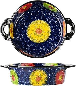 Vintage Style Pottery Bakeware Colorful Daisy Pattern Ceramic Casserole Dish Baking Pan Lasagna Pans Baking Dish with Handles from Oven to Table Plate-1 PCS, 32 OZ