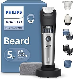 Philips Beard Trimmer 7000 Series, 100% Waterproof Trimmer for Men, 40 Lock-in Hair Length Settings, BeardSense Power Adaptability, Detail & T-Blade Trimmer Heads, Charging Stand, BT7670/40