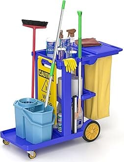 Nisorpa Commercial Janitorial Cart, 3-Shelf Housekeeping Cart, High Capacity Cleaning Cart, Utility Clean Trolley with Wheels and 25 Gallon Vinyl Bag 44.5", for Business/School/Office Cleaning