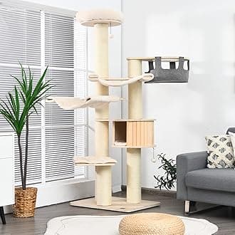 PETSITE 77.5" Tall Cat Tree, Multi-Level Modern Cat Tower with Sisal Scratching Posts, Top Perch, Cat Condo, Hammocks, Hanging Basket, and Jingling Balls, Cat Tree Tower for Indoor Cats Large Adult