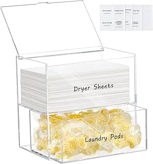 Acrylic Dryer Sheet Dispenser - Clear Laundry Room Organizer with Labels for Dryer Sheets & Pods