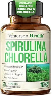 Spirulina Chlorella Organic Green Superfood Capsules. Source of Iron and Protein, Boosts Energy, Supports Cardiovascular Health. Antioxidant Properties for Detox and Cleanse