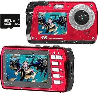 Underwater Camera 4K 48MP Waterproof Digital Camera with 32GB Card, Dual-Screen Selfie (Front & Rear), 10FT/3M Dive for Snorkeling, Surfing, Rafting, Swimming, Travel