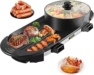 VEVOR2 in 1 BBQ Grill and Hot Pot with Divider, Aluminum Alloy Electric BBQ Stove Hot Pot, Separate Dual Thermostat Teppanyaki Grill Pot with 5 Speed, for Family Dinner Friends Party Black