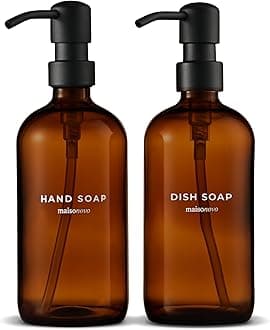 MAISONOVO 16 Oz Glass Soap Dispenser Bathroom 2 Pack w/Black Stainless Steel Pump | Amber Glass Soap Dispenser with Pump | Hand & Dish Soap Dispenser