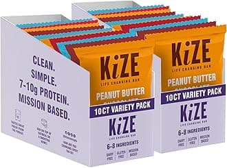 KiZE Energy Bars - Best Sellers Variety Pack - 20-Count -Gluten Free, Dairy Free Options, Non-GMO, and High Protein Meal Replacement Energy Bars, Clean and Simple Food Ingredients - 7-10g High Protein Snacks (20 Count)