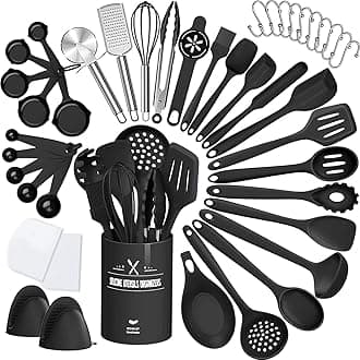 43 Pcs AIKKIL Kitchen Utensils Set, Heat Resistant Silicone Cooking Kitchen Utensils Set with Holder, Spoon, Spatula, Kitchen Gadgets Tools Set For Nonstick Cookware, Dishwasher(BPA Free, Black)
