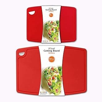 Liflicon Thick Cutting Boards for Kitchen Silicone Chopping Board Set of 2 Mid 12.6'' x 9.1”,Mini 9.1”x7.1” Non-slip Deep Drip Juice Groove Easy Grip Handle,Dishwasher Safe-Red