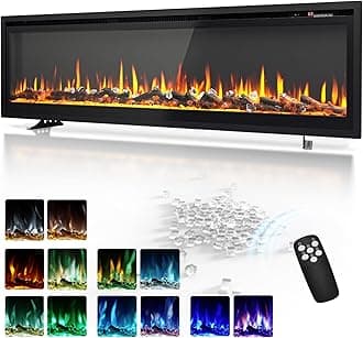 EUHOMY 60 inch Electric Fireplace Recessed Wall Mounted Freestanding with Remote Control, Ultra-thin Fireplace Heater with Adjustable Flame Color, Linear Fireplace with Timer, Log & Crystal, 750/1500W
