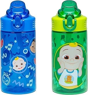 Zak Designs CoComelon Sage Kids Water Bottle For School or Travel, 16oz Durable Plastic Water Bottle With Straw, Handle, and Leak-Proof, Pop-Up Spout Cover, 2-Pack Set (JJ & Cody)