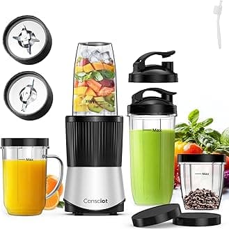 Consciot CB08 16-Piece Blender & Grinder Combo for Kitchen and Personal Size, Blend Shakes and Smoothies, Frozen Drinks, Baby Food, Spreads & More, 4 BPA-Free Portable To-Go Cups, 900 Peak Watts