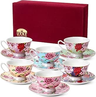 BTaT- Floral Tea Cups and Saucers with Gift Box, 8oz, Tea Cups Set of 6, Cup & Saucer Sets