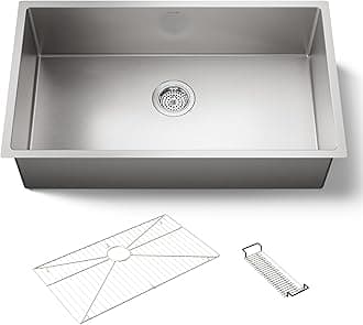 KOHLER K-5285-NA Strive 32 X 18-1/4 X 9-5/16-Inch Under-Mount Single Bowl Kitchen Sink with Basin Rack, Stainless Steel, 1-Pack