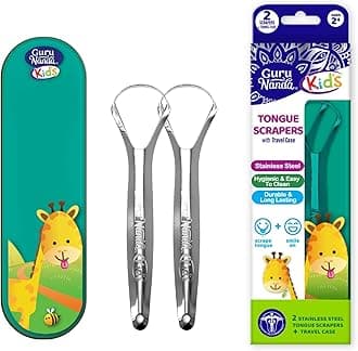 GuruNanda Kids Tongue Scraper (2-Pack) with Travel Case, Stainless Steel, Aids in Fresh Breath - Travel-Friendly Tongue Cleaner (Green/Pink/Orange)