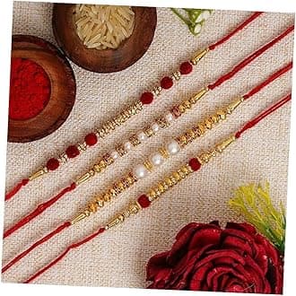 eCraftIndia Red, Golden & White Set of 4 Beads, Pearl, Diamond Designer Rakhis with Roli Chawal Pack - Rakhi for Brother, Bhaiya, Bhai