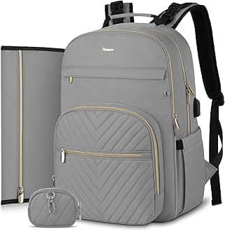 MOMUVODiaper Bag Backpack, Quilted Baby Bag with Changing Pad & Stroller Straps & Pacifier Case, Large Travel Diaper Bags for Mom Dad, Grey
