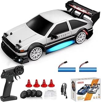 KAIMIO 1:24 Scale RC Drift Car 4WD 2.4GHz 30KM/H High Speed Racing Sport Toy Car with LED Lights, Racing and Drift Wheels (8604-White)