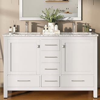 Eviva London 48 Inch Double Sink Vanity, White Double Vanity Sinks for Bathrooms - 48 Bathroom Vanity with Top and Sink - Freestanding 48 Vanity with Sink and Countertop Marble & Porcelain Sink Combo