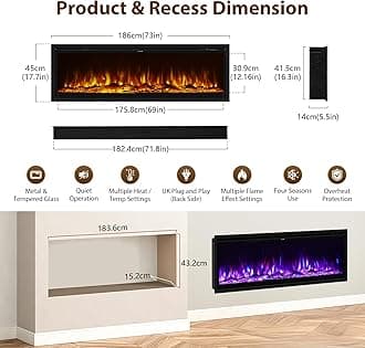INMOZATA Electric Fire 73inch/186cm Wall Mounted/Recessed/Freestanding Electric Fireplace with Remote Control, 12 Colour Flame Effect Media Wall Fireplace, Crystal & Log Set, 900W&1800W(73"/185cm)