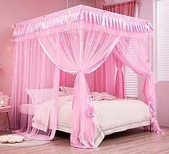 Mengersi Pink Princess 4 Corners Post Canopy Bed Curtains For Girls Kids Toddlers Crib Bed Canopy Netting, Bedroom Decor,Gift (Twin)
