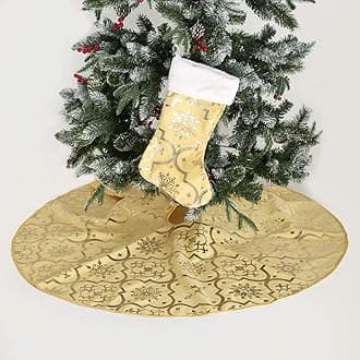 Yellow Christmas Tree Skirt, 48 inches Large Red Flannel Tree Mat with Gilded Christmas Patterns Skirt for Xmas Tree Holiday Party Decorations Indoor Outdoor with 1 Christmas Stocking (Yellow)