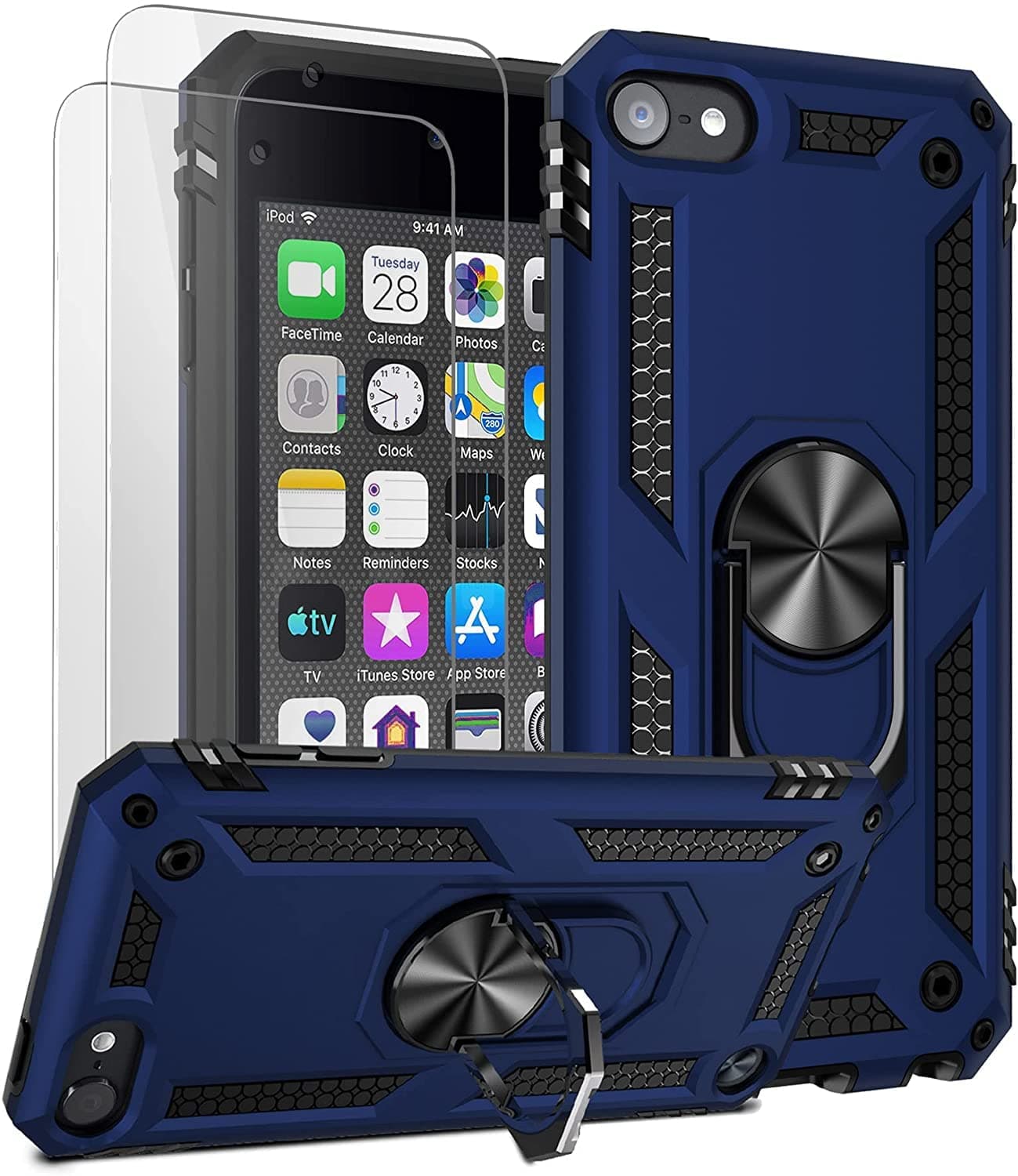 ULAK Case for iPod Touch 7th Generation, iPod Touch 5/6 Case with 2 HD Screen Protectors Hybrid Shockproof Protective Cover kickstand for Apple iPod Touch 5/6/7, Blue