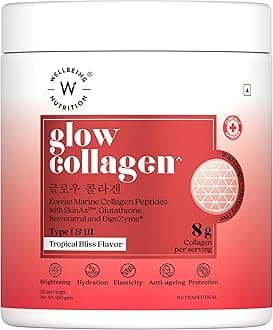 WELLBEING NUTRITION Glow Japanese Marine Collagen Peptides with Skin, Glutathione, Resveratrol, Bromelain & Goji Berry| Tropical Bliss Flavor - 250 g