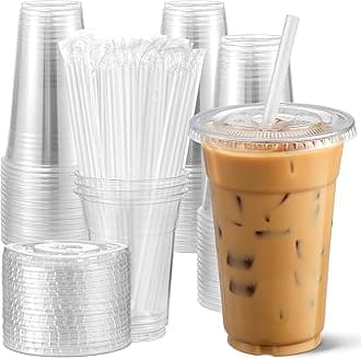 AOZITA [100 Sets 12 oz Clear Plastic Cups With Lids and Straws, Disposable Cups With Lids for Iced Coffee, Smoothie, Milkshake and Cold Drinks.
