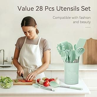 Kitchen Utensils Set, 28 Pcs Silicone Cooking Utensils Set with Holder, Spatula Set, Silicone Whisk, Measuring Cups and Spoons Set with Stainless Steel Handle Kitchen Gadgets (Light Green)