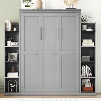 Harper & Bright Designs Full Size Murphy Bed, Wooden Full Murphy Wall Bed with Shelves and LED Lights, Gray