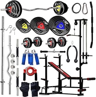 10KG -100KG Rubber Coated Weight Plates Combo with 20 IN 1 Home Gym Bench, 5Ft Plain and 3Ft Curl Barbell Rods (23mm), Pair of Steel Dumbbell Rod & Accessories (100, Kilograms)